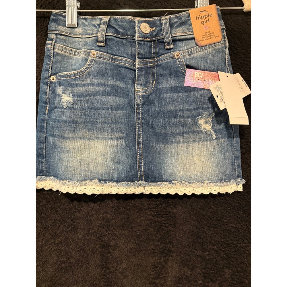 Hippie Girl Skirt‎ Girls 5 Blue Denim Distressed Lace Trim Adjustable NWT 5